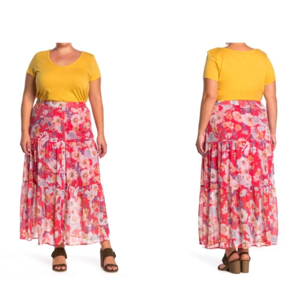 Fourteenth Place Women's Tiered Maxi Skirt 1X Orange Floral Print NEW Lined Flow